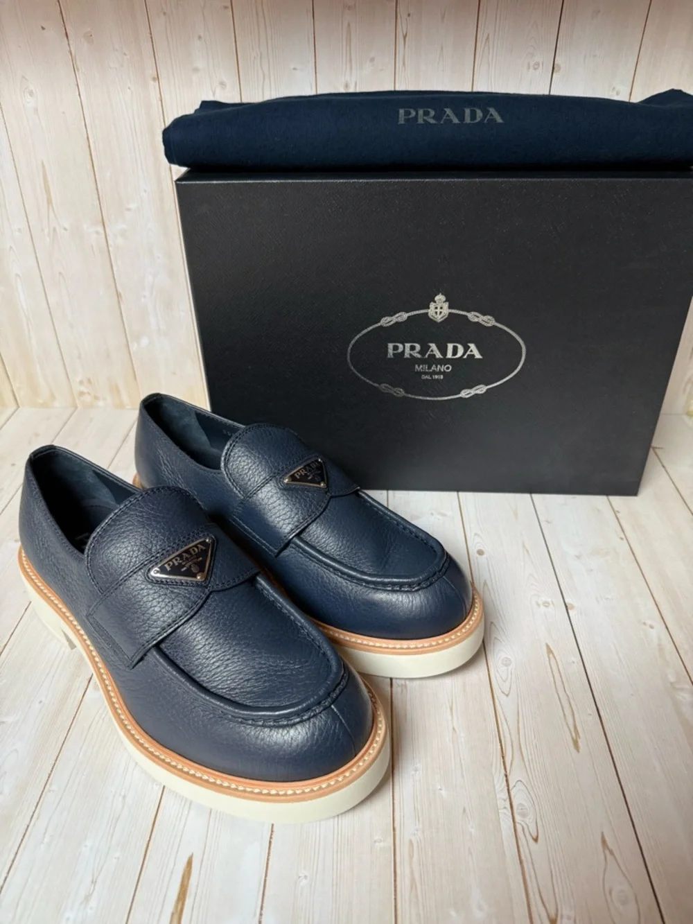 Prada Triangle-Logo Leather Loafers Navy Blue Sz 7.5UK / 8.5US - Picture 2 of 12
